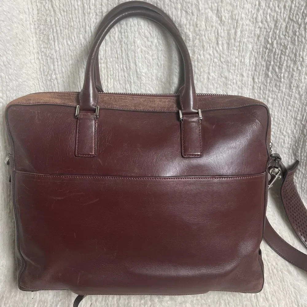 Cole Haan leather deep Brown Hamilton laptop bag with silver tone hardwares